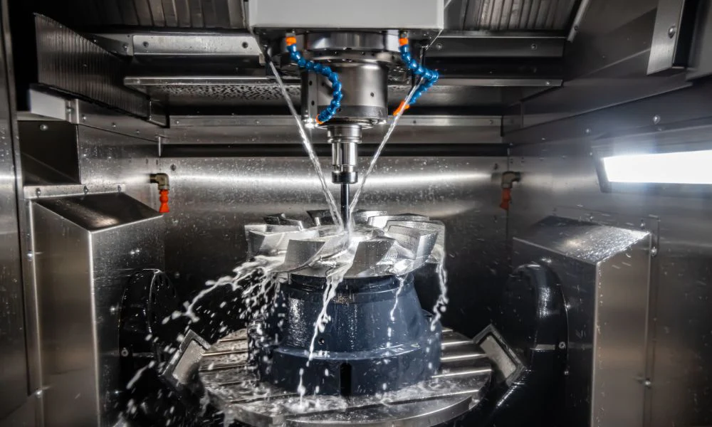 Machining operation in progress with coolant running over a part